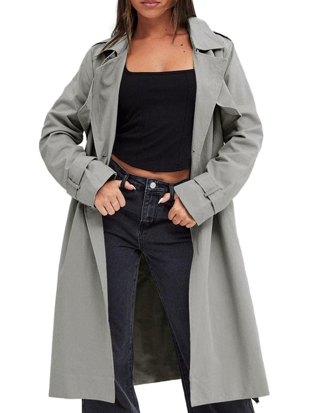 Women's Gray Notch Collar Long Sleeve Pocketed Double Breasted Trench Jackets